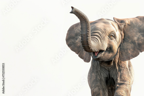 A cheerful elephant  its trunk raised in excitement  stands on two legs. Its eyes sparkle with curiosity. The white background accentuates its joyful expression