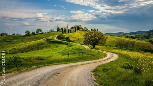 picturesque landscape inspired by Italian Tuscany full of greenery, hills and winding roads