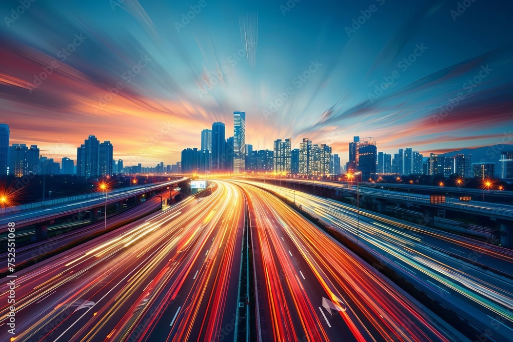 Dynamic urban highway with motion blur at twilight