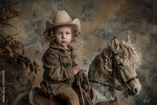 A child sitting on a rocking horse and holding a cowboy hat