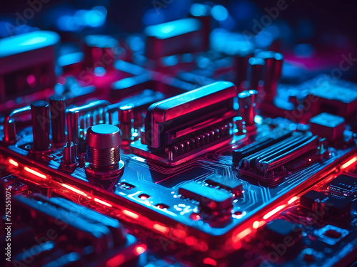 A close-up of a computer motherboard with red and blue lights, and computer graphics design.