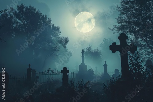 Foggy graveyard with spooky tombstones under a full moon