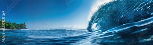 ocean-view seascape landscape Big surfing ocean wave with slightly cloudy sky and the sun. AI generated illustration photo