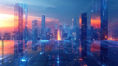 City, night and skyline by water with tech, network or light overlay for connection, iot or mockup space. Dark metro, cbd and skyscraper by ocean for developmen. AI generated illustration