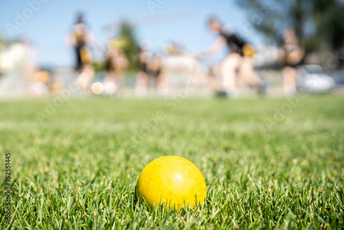 Lacrosse Themed Photo, American Sports. A single yellow lacrosse ball lies on the grass, with lacrosse players in the background.