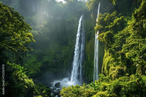 Majestic waterfall in a lush tropical forest © Bijac