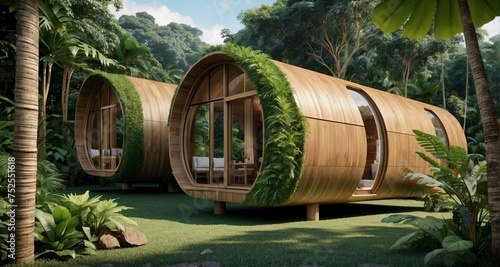 Illustrate a scene where Rainforest capsule cottages stand gracefully in the middle of the rainforest, with each unit reflecting the authenticity of the straw-inspired design.-AI Generative