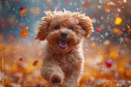 A beautiful fluffy dog runs through the autumn forest © Александр Лобач