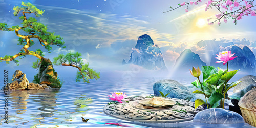 Zen Oasis: Immersive Ambiances and Tranquil Landscapes for Inner Peace. Tranquil Spa Graphics. Vivid. photo