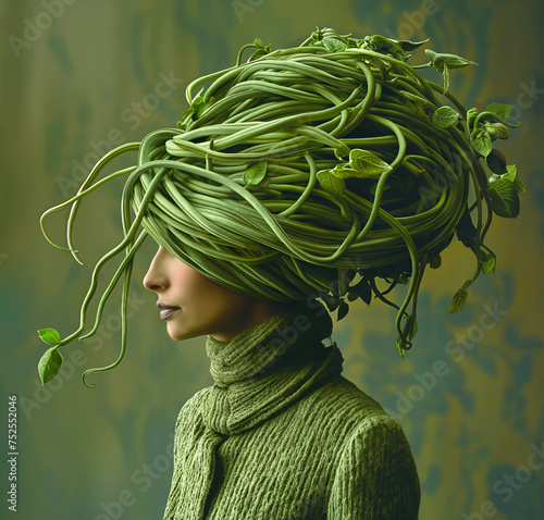 Side profile of a woman with string beans as hair in an eco-themed artistic portrait