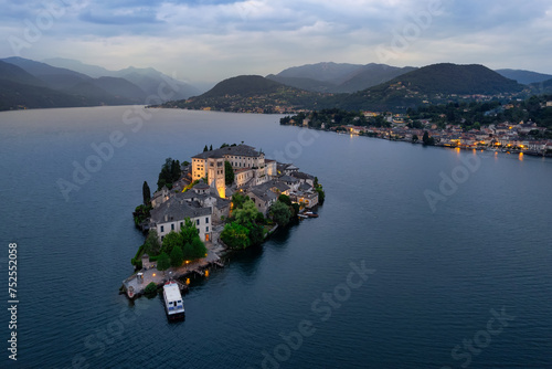Aerial view of the beautiful lake Orta and island of San Giulio © afinocchiaro