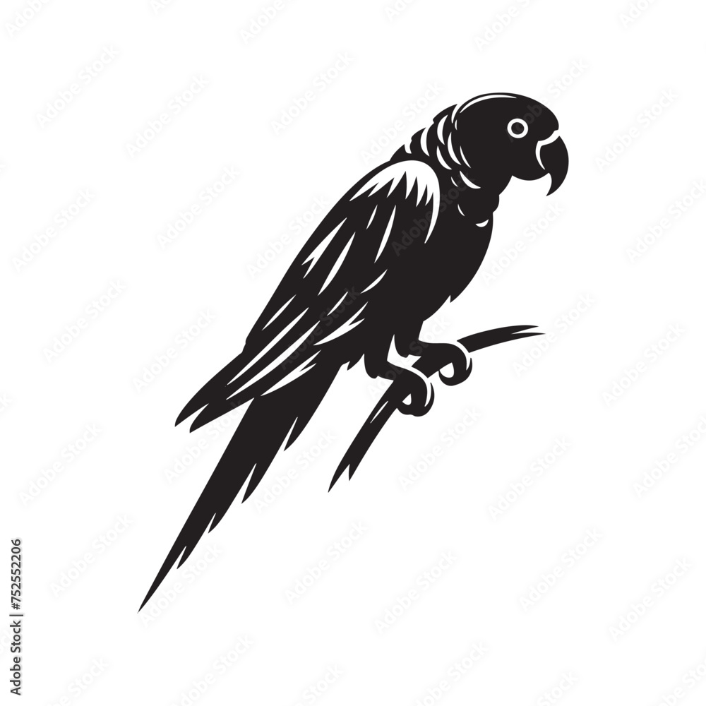 Fototapeta premium Shadow Parrot: Black Vector Parrot Silhouette - Capturing the Elegance and Charm of Nature's Vivid Avian Companion. Minimalist parrot illustration, Parrot vector.