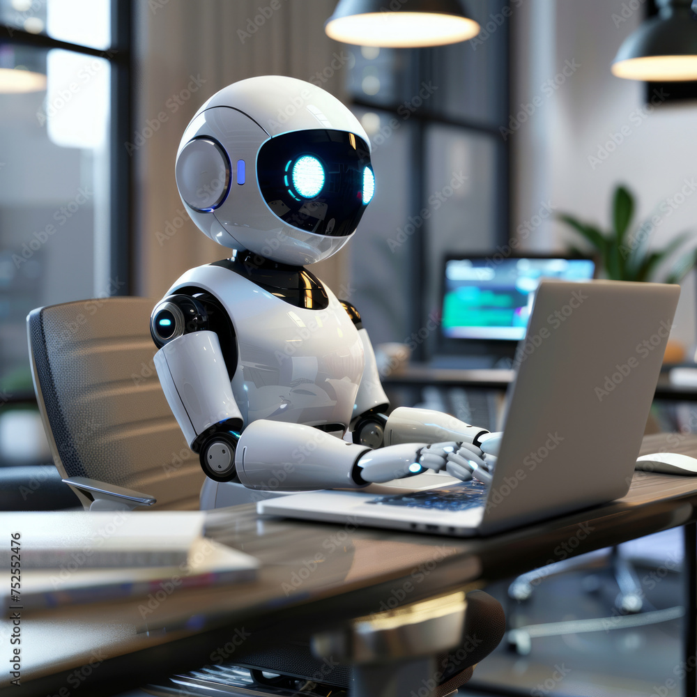 Photo-realistic image of a friendly AI robot using a laptop in an office setting. Suitable for tech blogs, AI research publications, or futuristic concepts Photo-realistic image of a friendly AI robot using a laptop in an office setting. Suitable for tech blogs, AI research publications, or futuristic concepts