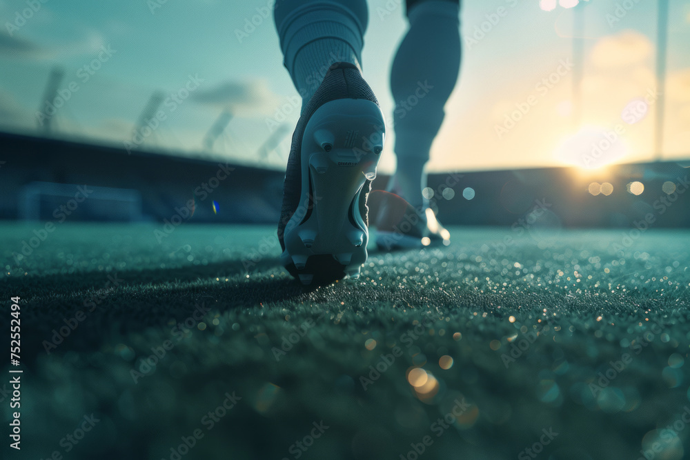 Side view of soccer player's feet on the field, showcasing agility and skill. Ideal for sports magazines, soccer tutorials, or athletic apparel promotions - obrazy, fototapety, plakaty 