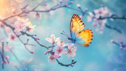 Beautiful blue yellow butterfly in flight and branch of flowering apricot tree in spring at Sunrise on light blue and violet background macro. Elegant artistic image nature. Banner format, copy space © Orxan