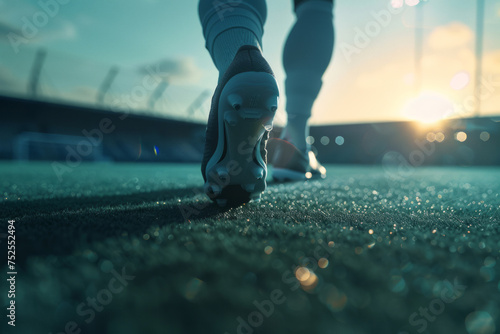 Side view of soccer player's feet on the field, showcasing agility and skill. Ideal for sports magazines, soccer tutorials, or athletic apparel promotions photo