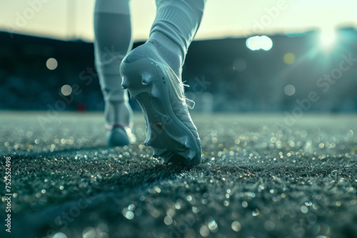 Soccer player walking on field, close-up of feet. Perfect for sports articles, soccer blogs, or athletic footwear advertisements