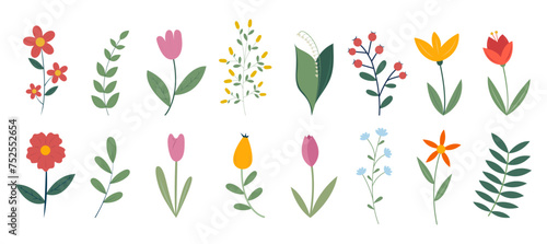 Spring flower collection. Colorful summer and spring floral decorations. Botanical elements for holidays. Vector elements for easter, women’s day, mothers day.