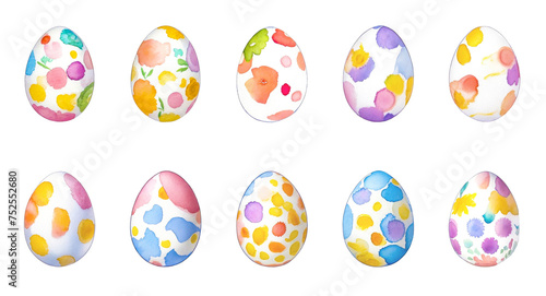 Set Of Watercolor Easter Eggs Isolated On White Background. Happy Easter. Collection Of Different Painted Easter Eggs
