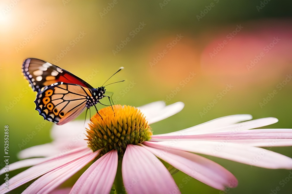 Fototapeta premium butterfly on a flower, blurred background, macro photography created with generative ai technology