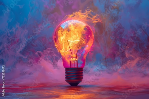 A vibrant image capturing a light bulb as it glows amidst a mystifying dance of colorful smoke, illuminating the scene