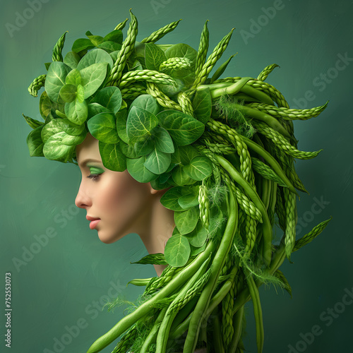 Woman in profile with headdress of asparagus and green peas