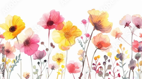 Colorful and beautiful watercolor flowers, hand-drawn, featuring yellow, pink, and red blossom plants, perfect for cards, prints, and invitations. This set also includes a watercolor texture © Orxan
