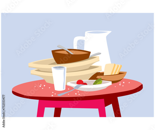 After a delicious lunch. A pile of dirty plates and leftovers on the table. Vector image for prints, poster and illustrations.