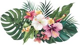 Exotic tropical flowers including orchids, strelitzias, hibiscus, proteas, anthuriums, palms, and monstera leaves are depicted in vector design bunches