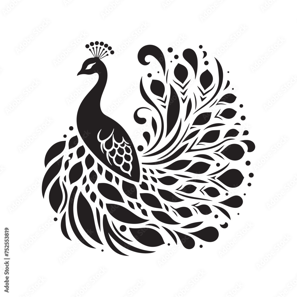 Fototapeta premium Night's Majesty: Black Vector Peacock Silhouette - Capturing the Elegance and Splendor of Nature's Enigmatic Avian Display. Minimalist Peacock illustration.