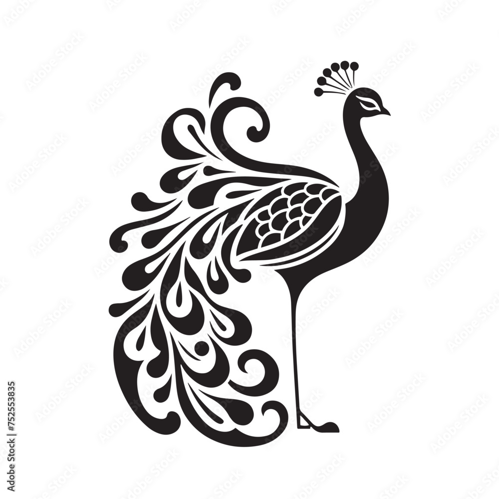 Fototapeta premium Night's Majesty: Black Vector Peacock Silhouette - Capturing the Elegance and Splendor of Nature's Enigmatic Avian Display. Minimalist Peacock illustration.