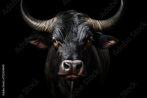 Portrait of a black buffalo on a black background. Bullfight Concept. Encierro. San Fermin concept with Copy Space.