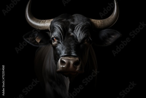 Close-up portrait of a black bull on a black background. Bullfight Concept. Encierro. San Fermin concept with Copy Space.