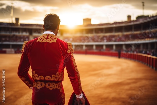 Rear view of a Spanish bullfighter in a bullring at sunset. Bullfight Concept. Encierro. San Fermin concept with Copy Space.