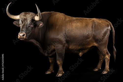 Bull isolated on a black background  front view. Bullfight Concept. Encierro. San Fermin concept with Copy Space.