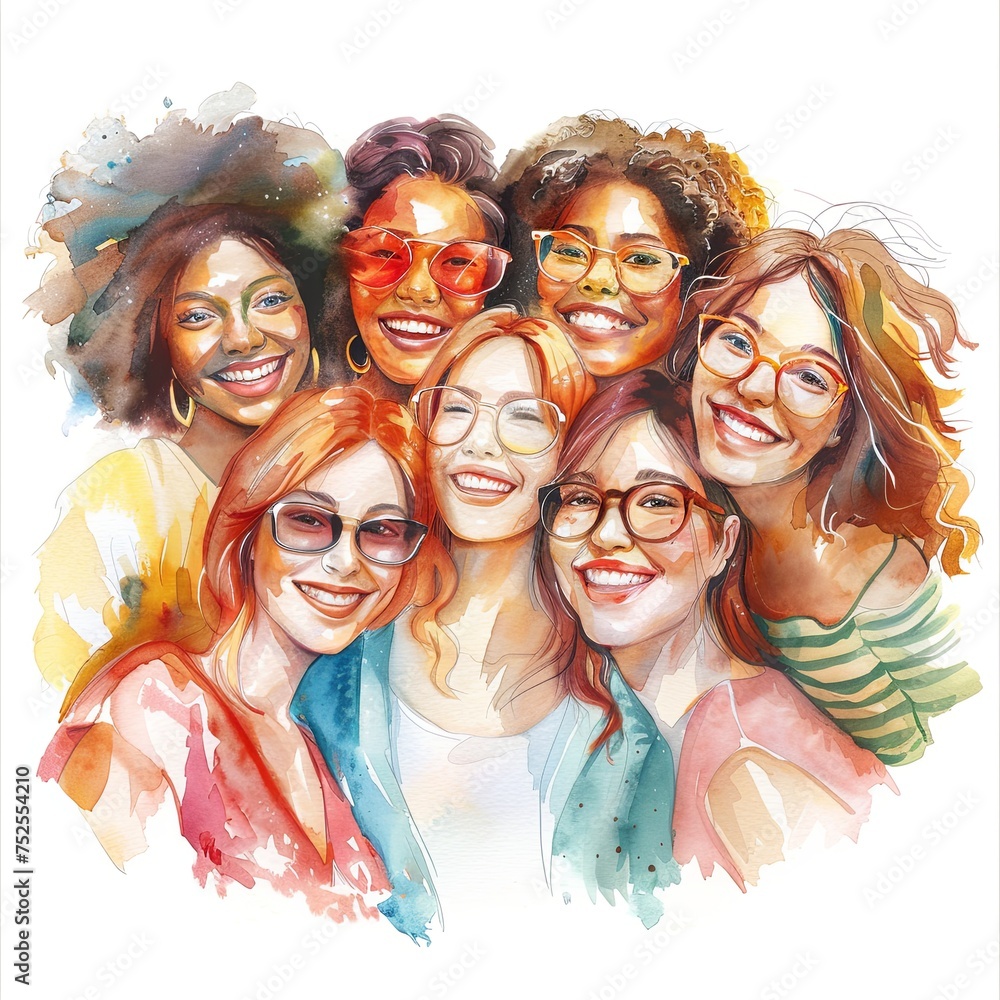 Group of diverse young women. smiling together. positive watercolor illustration on white background. generative ai Group of diverse young women. smiling together. positive watercolor illustration on white background. generative ai