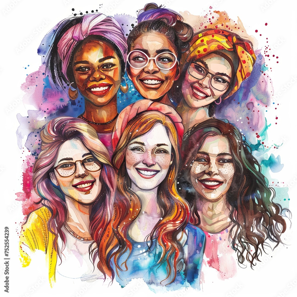 Group of diverse young women. smiling together. positive watercolor illustration on white background. generative ai