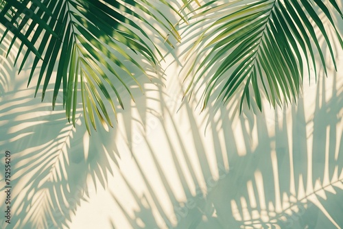 A serene composition featuring tropical palm leaves casting delicate shadows against a pristine white wall background © artfisss