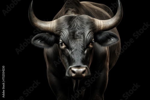 Portrait of a bull on a black background. Bullfight Concept. Encierro. San Fermin concept with Copy Space.