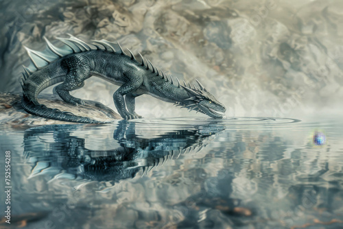 A dragon drinking from a crystal-clear lake. I © mila103