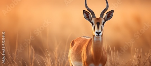A gazelle, elegant and graceful, stands amidst a field of towering grass. The scene captures the beauty and poise of the wild animal in its natural habitat.
