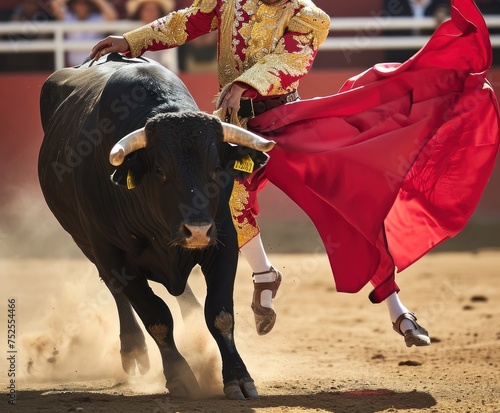 Fighting bull picture from Spain. Black bull with big horns on the run. Bullfight Concept. Encierro. San Fermin concept with Copy Space.