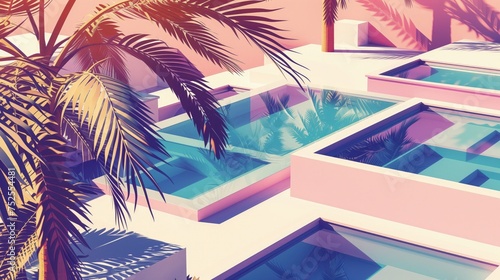 Palma rosnąca na pierwszym planie przed abstrakcyjnie umiejscowionymi basenami hotelowymi. Kompozycja ta prezentuje spokojną atmosferę oraz miejsce do relaksu.