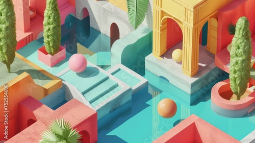 Fototapeta Na obrazie przedstawione jest kolorowe czyste kanały w mieście stworzonym komputerowo, z dynamiczną architekturą i jaskrawymi kolorami. Izometryczne, geometryczne.