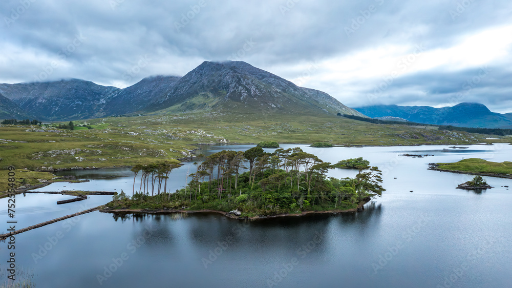 Morning scene with a cloudy day in Galway Ireland, Pine Island aerial view