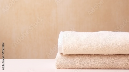 Beige cotton towels on a beige background. Bathroom decor and accessories.