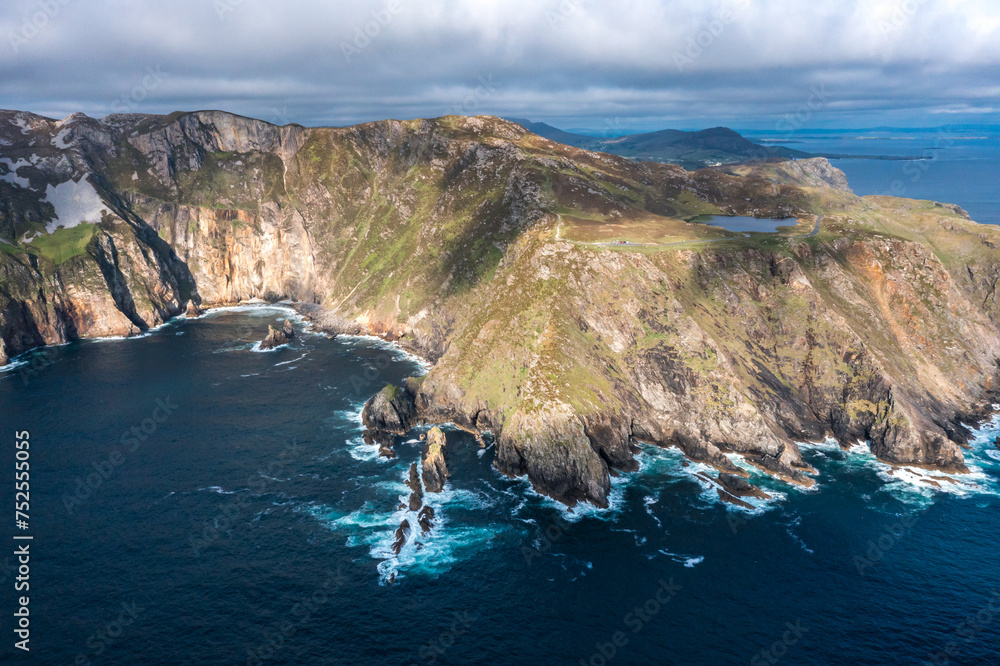 Beautiful scenery with Slieve League cliffs in Donegal Ireland aerial view