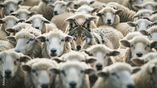 Wolf in sheep's clothing hiding among a flock of sheep.Concept photo of those playing a role contrary to their real character with whom contact is dangerous. AI generated illustration