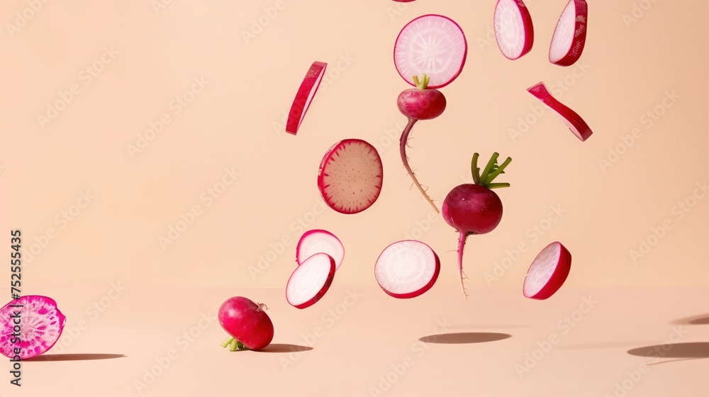 Sliced radishes gracefully fall through the air against a flat lay beige pastel background, creating a whimsical and expressive scene. Sliced radishes gracefully fall through the air against a flat lay beige pastel background, creating a whimsical and expressive scene.
