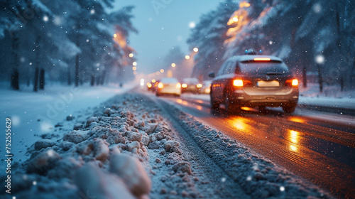 Car on impassable winter road, winter traffic, dangerous road